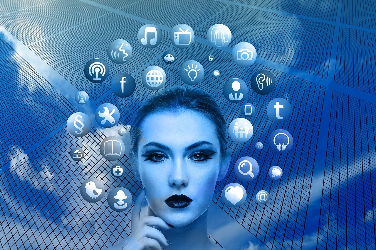 woman, nature, face, social media, thoughts, head, applications, apps, social media applications, icons, circle, tree, networks, internet, social, social network, facebook, google, social networking, networking, multimedia, blue